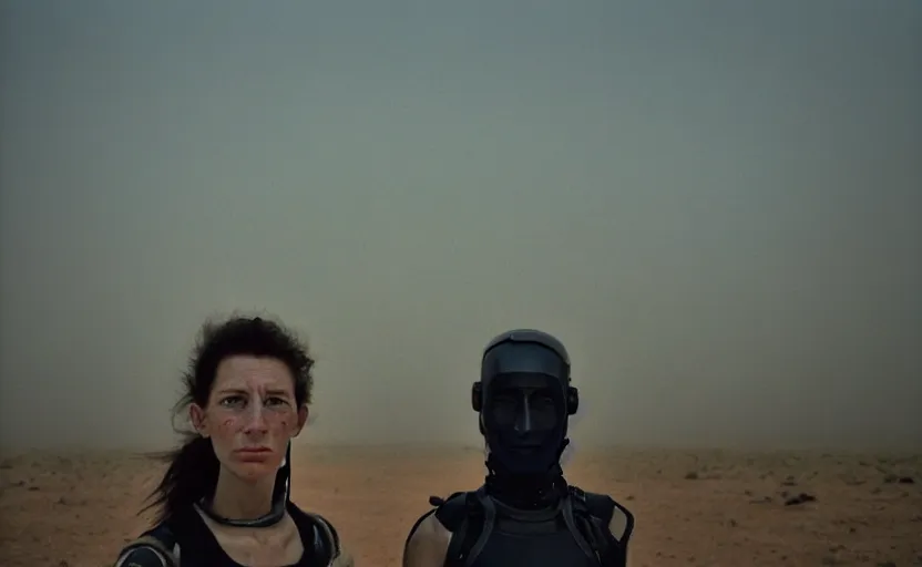 Image similar to cinestill 5 0 d photographic portrait by helen levitt of a female android couple wearing rugged black mesh techwear on a desolate plain, extreme closeup, modern cyberpunk, dust storm, 8 k, hd, high resolution, 3 5 mm, f / 3 2, ultra realistic faces, ex machina