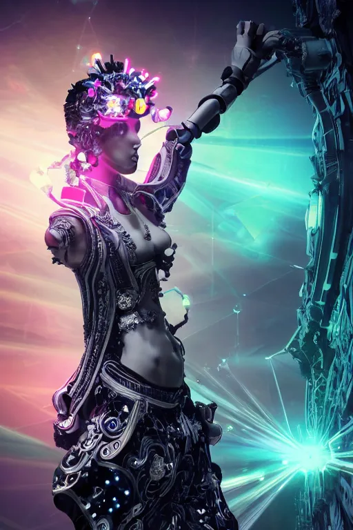 Prompt: full-body rococo and cyberpunk style quartz sculpture of a young handsome seductive Venezuelan android prince reaching for the sky, glowing pink laser eyes, crown of white gears and diamonds, swirling green-colored silk fabric. futuristic elements. full-length view. intricate artwork by caravaggio. Trending on artstation, octane render, cinematic lighting from the right, hyper realism, octane render, 8k, depth of field, 3D