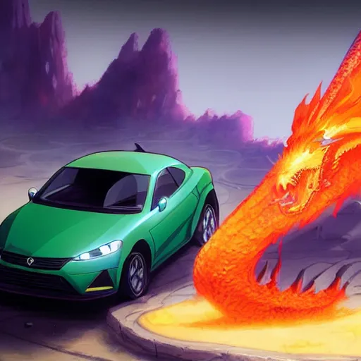 Image similar to dragon spits fire on a blue knight in a green hatchback car, close up, anime, desert landscape, greg rutkowski, Murata, one punch man manga,