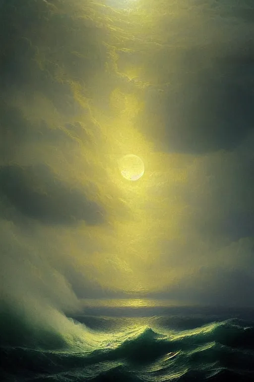 Image similar to Intricate stunning highly detailed water deity emerging from a stormy ocean by Ivan Aivazovsky, agostino arrivabene, Greg Rutkowski , surreal, digital painting, ultra realistic, beautiful lighting, full moon, thick swirling tornado, artstation