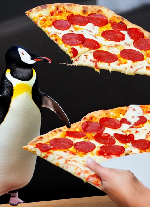 Image similar to a penguin eating a slice of pizza