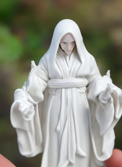 Prompt: 80mm resin detailed miniature of a beautiful Hypriestes, clothed in white robe and hood, beautiful bone structure, symmetrical facial features, Product Introduction Photos, 4K, Full body