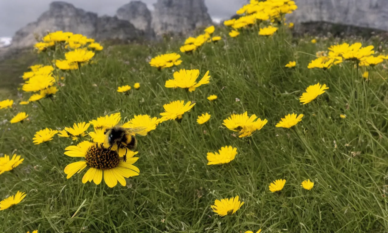 Image similar to a fluffy bee pollinating a yellow daisy, cliffs of moir visible in background. close up photograph, shallow depth of field, overcast day, kodachrome, mid angle