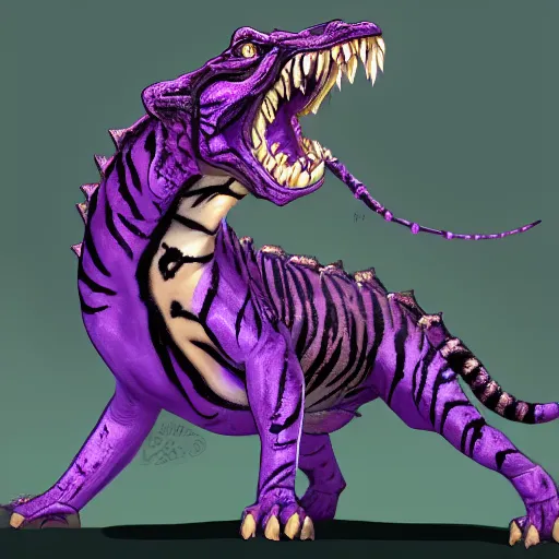 Image similar to violet crocodile tiger hybrid monster, fantasy game art, fantasy rpg, league of legends