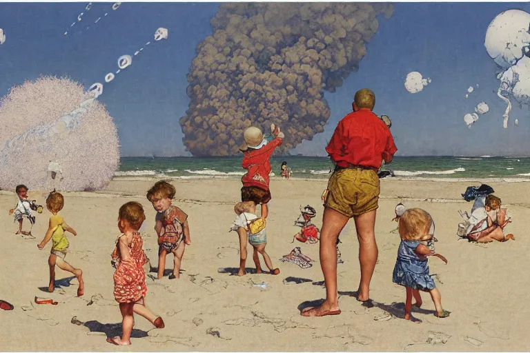Prompt: kids playing at the beach, huge atomlc explosion in the background, wide angle lens, detailed, by norman rockwell, by mattias adolfsson, by moebius, oil on canvas,