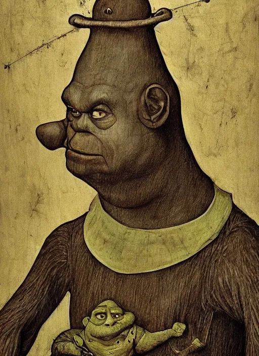 Prompt: Shrek by Hieronymus Bosch and James Jean, rule of thirds, highly detailed features, perfect symmetry, horror elements, horror theme, award winning