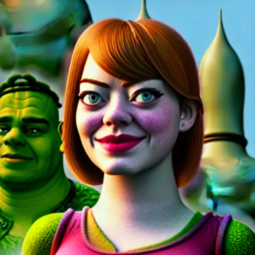 Image similar to Emma Stone as a female version of Shrek, Shrek face features, fully detailed, high quality , 4k , octane render , soft lightening , masterpiece