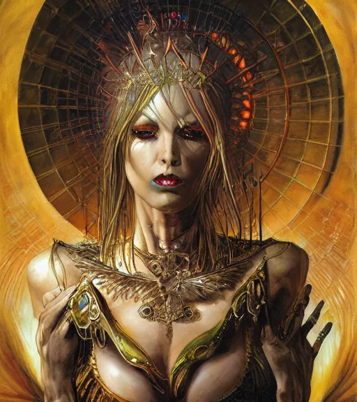 Image similar to a detailed painting of famale fantasy demon priestess, art by karol bak and mark brooks and donato giancola, centered, aesthetically pleasing