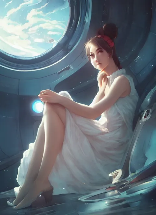 Prompt: woman sitting on a spaceship window, beautiful detailed dress, close - up body composition, highly detailed face, smiling, by artgerm, by wlop, by greg rutkowski, anime style, octane render