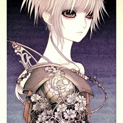 Image similar to prompt: Fragile looking character soft light portrait face drawn by Takato Yamamoto, modernistic looking armor with wild hairstyle, tattooed face, inspired by Sailor Moon anime, alchemical objects on the side, soft light, intricate detail, intricate ink and gouache painting detail, manga and anime 1990 high detail, manga and anime 2010