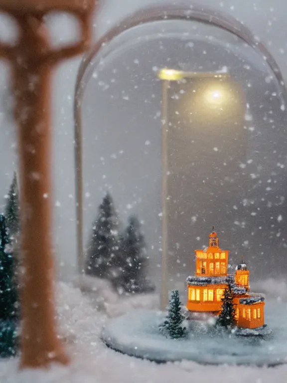 Image similar to snow globe diorama of tiny soviet residential building, lights are on in the windows, cozy atmosphere, fog, cold winter, snowing, streetlamps with orange volumetric light, birches