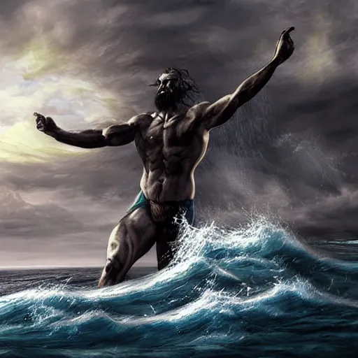 Image similar to Proud and screaming Poseidon rising from the ocean, ready to fight, fantasy art, photorealistic