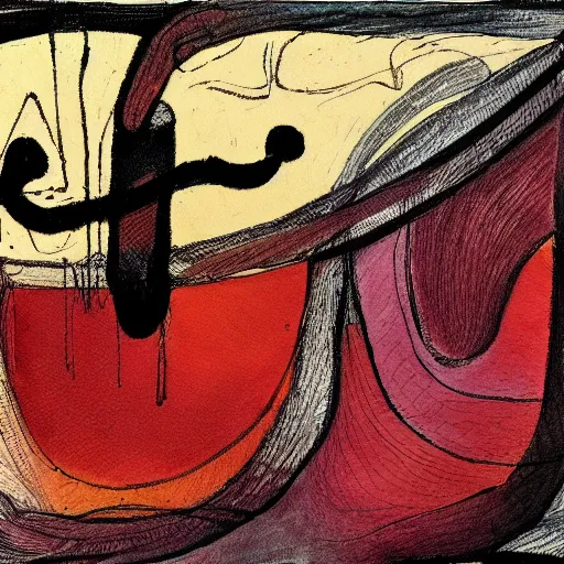 Image similar to a panting about victorian society, drawn in abstract with warm colors, with lines drawn straight with penned ink