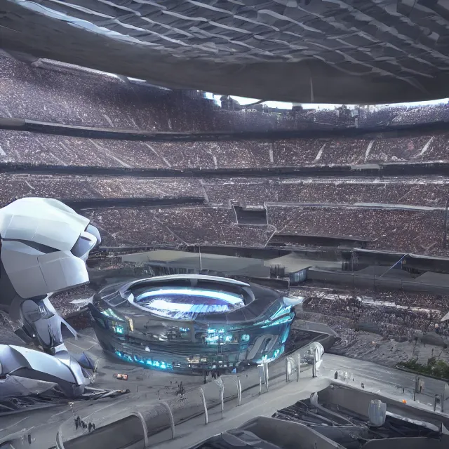 Prompt: a futuristic stadium with a giant artstation mecha, stadium has a full crowd, unreal engine, hyper realism, realistic shading, cinematic composition, realistic render, octane render, detailed textures, photorealistic, wide shot