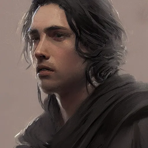 Image similar to portrait of a man by greg rutkowski, british features, messy black long hair, black robes, star wars expanded universe, he is about 2 0 years old, wearing jedi robes, highly detailed portrait, digital painting, artstation, concept art, smooth, sharp foccus ilustration, artstation hq