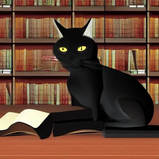 Prompt: Digital 3D Art of a black cat with long hair over a wooden table reading a book in a library