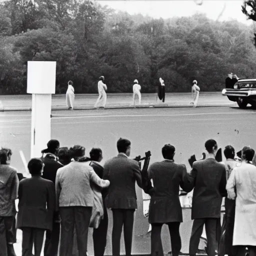 Image similar to crowd of people with guns stand at the roadside watching jfk motorcade, photo, filmic, 1960s, black and white