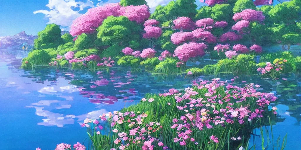 Image similar to a beautiful lake with blooming flowers, fantasy art, by studio ghibli