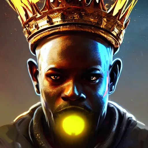 Image similar to a dark and ominous african moor with glowing eyes and a golden crown with a ruby, Apex Legends character digital illustration portrait design, by android jones and greg rutkowski in a cyberpunk voodoo style, detailed, cinematic lighting, wide angle action dynamic portrait