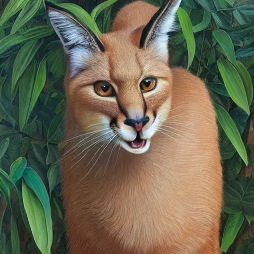 Image similar to fullbody portrait of cute fluffy caracal, wearing laurel wreath on his head, illustration, high detail, francine van hove