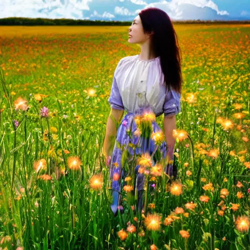 Prompt: A goddess in a field of flowers, bursting with holy light, the weather bright, light shining out from the clouds, Tyndall effect