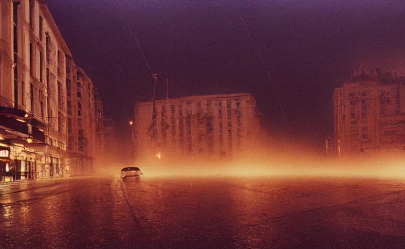 Image similar to 1990s movie still of a yougoslavian street with a giant riot with stalinist style highrise, Cinestill 800t 18mm, heavy grainy picture, very detailed, high quality, 4k panoramic, HD criterion, dramatic lightning, streetlight at night, rain, fog