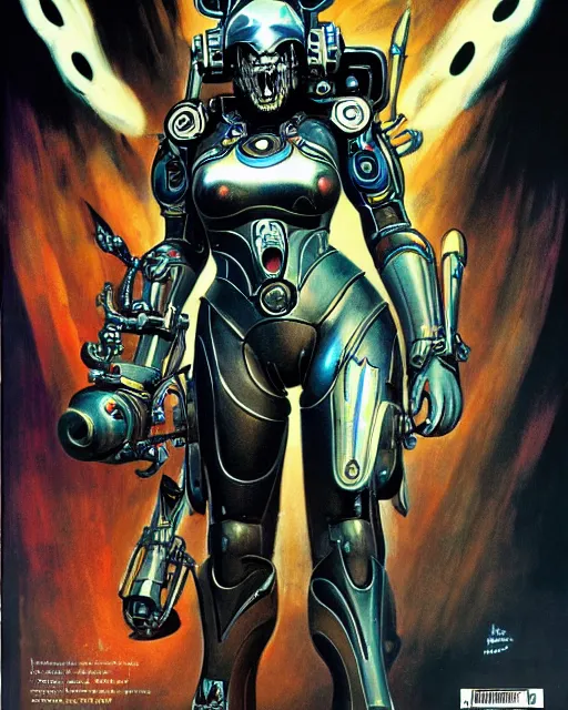 Image similar to d. va from overwatch, heavey metal magazine cover, in the style of r. giger, frank frazetta, and esteban maroto