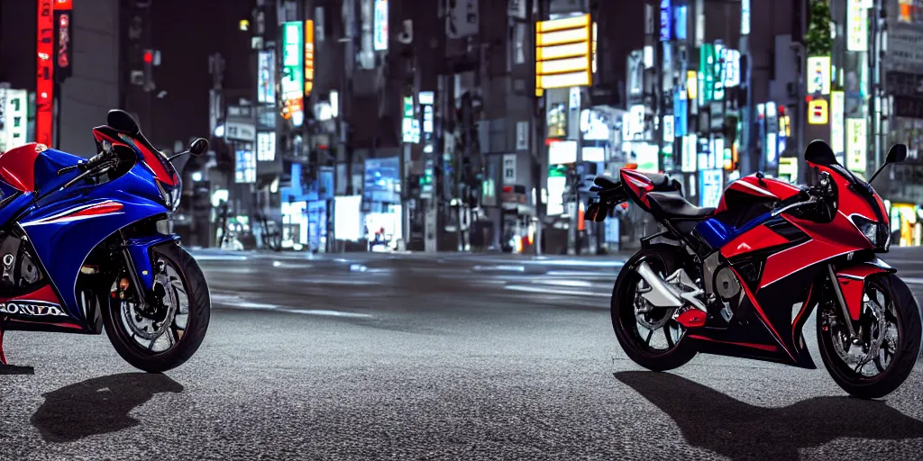 Image similar to Honda CBR600rr with blood vinyil in the middle of a road on the night Tokyo, blue color grading, cinematic color grading , unreal 5, hyperrealistic, realistic, photorealistic, dynamic lighting, highly detailed, cinematic landscape, studio landscape, studio lighting