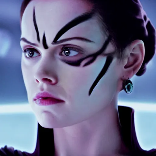 Prompt: movie still of daisy ridley as sith empress wearing a black satin robe and metal belt with dark eyeliner make - up as if she was crying, sweaty, detailed eyes, neutral expression, shallow depth of field, photorealistic, cinematic lighting, lovely bokeh, dark moody light, strong rim light, movie quality, star wars