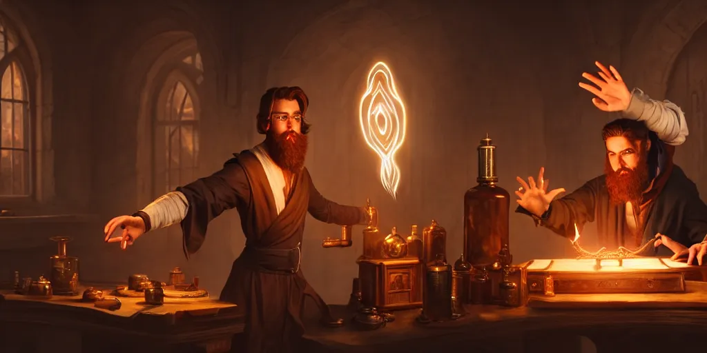 Image similar to scene of a handsome bearded caucasian male sorcerer with brown hair he is casting a spell that is emanating from his hands he is in a alchemist lab, action pose, digital art, photoreal, 4 k, unreal engine