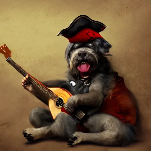 Image similar to dog as a pirate playing on guitar, digital art, artstation, high detalied,