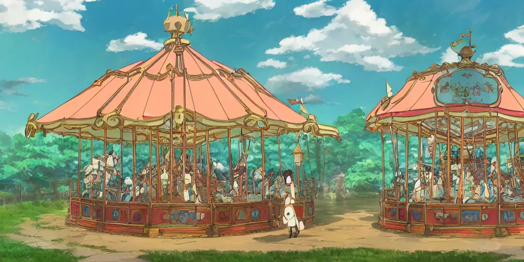 Image similar to a fantasy carousel in the style of studio ghibli, makoto shinkai