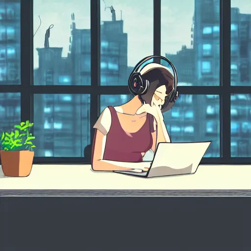 Image similar to a side view of a beautiful girl sitting on her desktop writing something, headphones on, hand on her chin, nightlamp, digital art, anime, studio ghibli style, window and city background, portrait