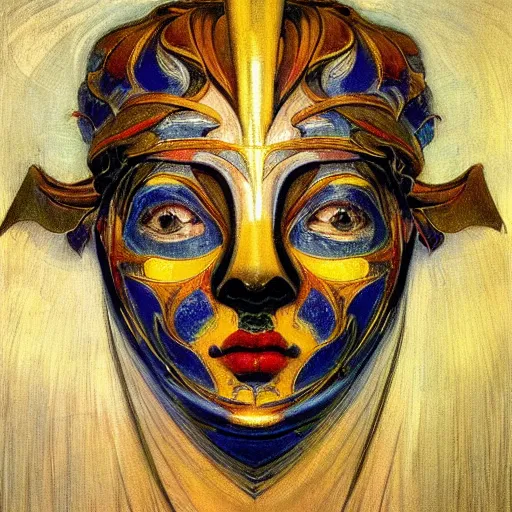 Image similar to masterpiece painting of a facemask made of stylized flowers, by annie swynnerton and jean delville and tino rodriguez and john watkiss, flower mask, art deco shaman, art brut, symbolist, dramatic lighting, god rays, elaborate geometric ornament, clean crisp graphics, soft cool colors, smooth, sharp focus, extremely detailed