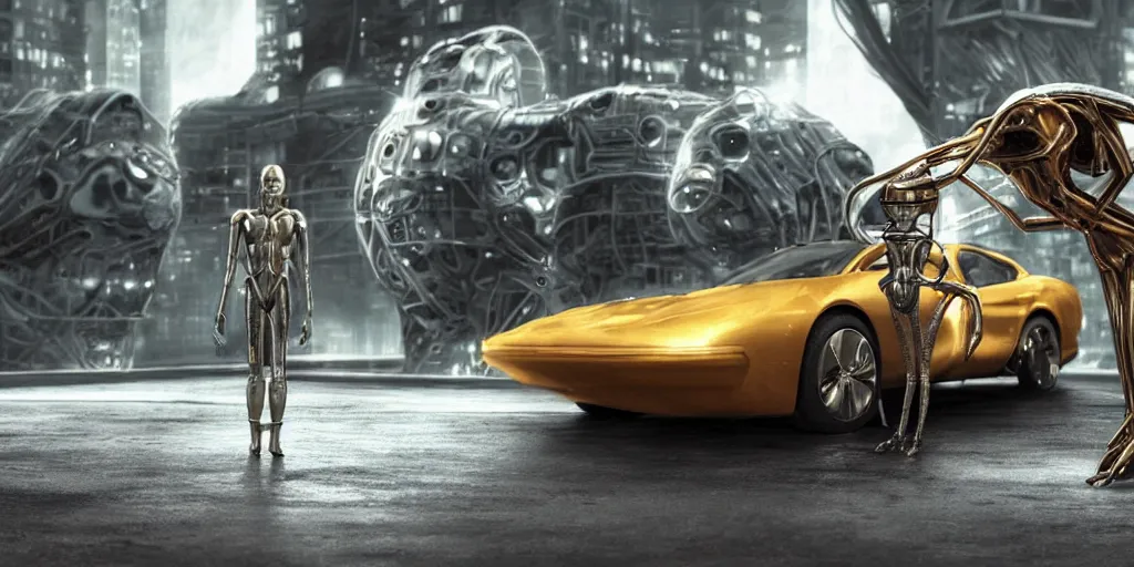 Image similar to a space alien from the future on the first day of driver's ed learns to parallel park. digital art, 3 d render, dramatic lighting, comedy, science fiction, epic fantasy, surreal, hyper realistic, ultra detailed. style of fifth element ( film )