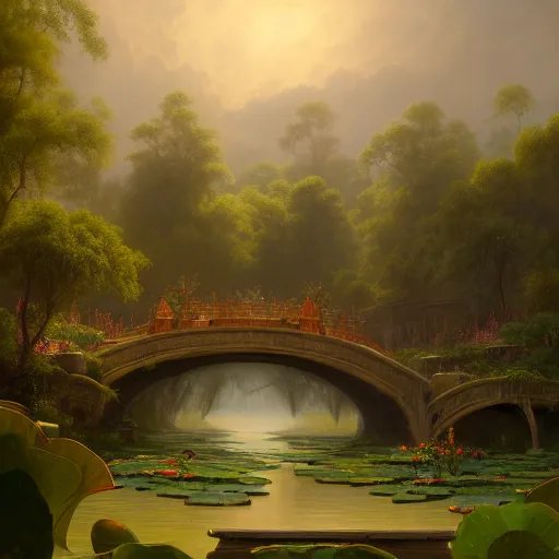 Image similar to beautiful matte painting of an ancient waterlily pond of art By Andreas Rocha, John Howe, Martin Johnson Heade, featured on artstation, featured on behance, Featured on illustrationx, featured on conceptartworld, cinematic, cinematic lightning, concept art, landscape photography composition, f32