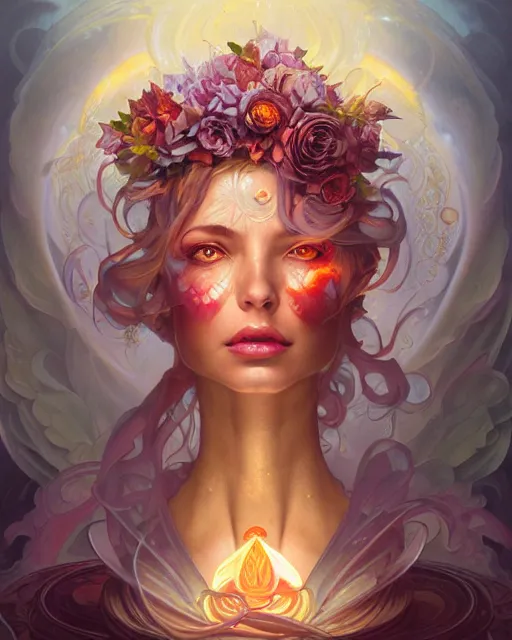 Prompt: liquid magma priestess face, flowers and gemstones, artgerm, peter mohrbacher, jesper ejsing, photorealism, highly detailed portrait, volumetric lighting, halo of light, gilding, alphonse mucha