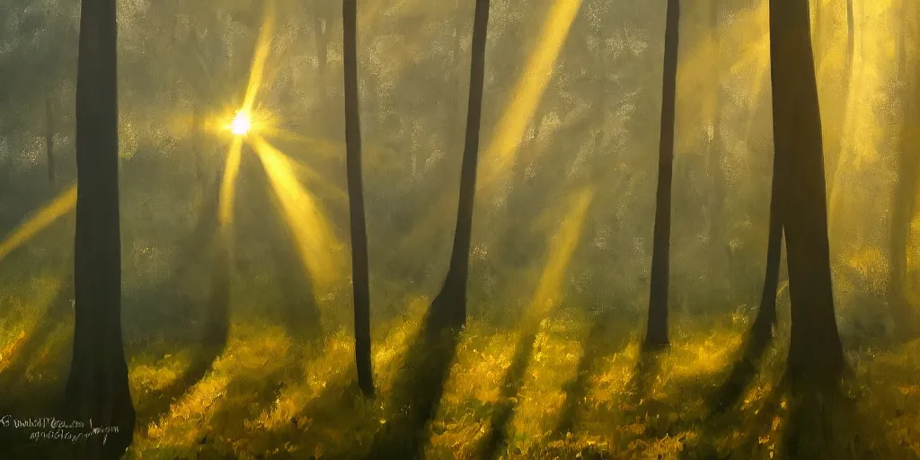 Image similar to An oil painting of an intensely beautiful forest in the morning; rays of light coming through the canopy