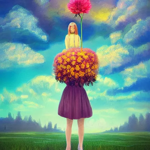 Image similar to girl with a singular flower for a head, surreal photography, dream, standing in flower field, magical, in a valley, sunrise dramatic light, impressionist painting, colorful clouds, artstation, simon stalenhag, flower face