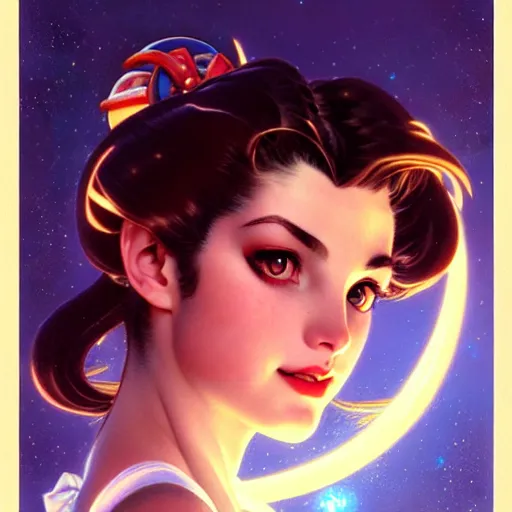 Image similar to head and shoulders Portrait of Sailor Moon, dark fantasy, medium shot, intricate, elegant, highly detailed, digital painting, volumetric light, artstation, concept art, smooth, sharp focus, illustration, art by Gil Elvgren and Greg Rutkowski and Alphonse Mucha