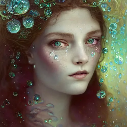 Prompt: Beautiful Delicate Detailed portrait of glass woman, With Magical green Eyes by Tom Bagshaw, Bastien Lecouffe Deharme, Erik Johansson, Amanda Sage, Alex Grey, Alphonse Mucha, Harry Clarke, Josephine Wall and Pino Daeni, Delicate glass creature With long blue Hair and Magical Sparkling Eyes, Magic Particles; Magic Swirls, 4K; 64 megapixels; 8K resolution concept art; detailed painting; digital illustration; hyperrealism; trending on Artstation; Unreal Engine Photorealistic, lifelike, Unreal Engine, sharp, sharpness, detailed, 8K