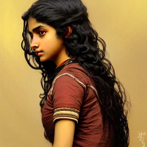 Image similar to portrait of a british-indian teenage girl with wavy black hair, desi girl with dark brown skin, glowing skin, fantasy, intricate, elegant, dress shirt, highly detailed, digital painting, artstation, concept art, smooth, sharp focus, illustration, art by Krenz Cushart and Artem Demura and alphonse mucha