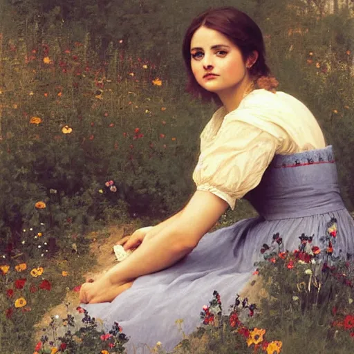 Prompt: jenna coleman sitting in a field of wildflowers. beautiful painting by bouguereau.