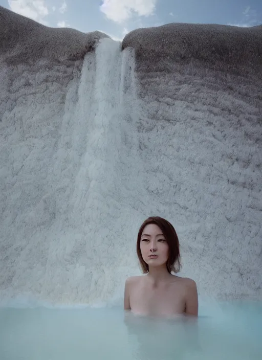 Image similar to Kodak Portra 400, 8K, soft light, volumetric lighting, highly detailed, Kasumi Arimura style 3/4 ,portrait photo of Japanese Goddess, the face emerges from Pamukkale, thermal waters flowing down white travertine terraces, inspired by Ophelia paint , a beautiful luxurious celestial suit and hair are intricate with highly detailed realistic beautiful flowers , Realistic, Refined, Highly Detailed, ethereal outdoor pastel lighting colors scheme, outdoor fine art photography, Hyper realistic, photo realistic