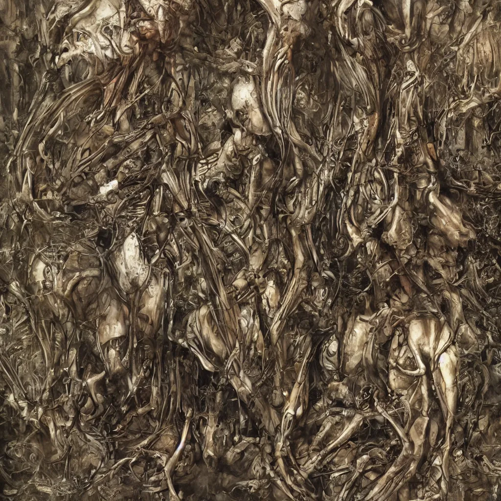 Image similar to realistic shot bloody bones, organs and flesh, biomechanical technology, natural light, by h r giger