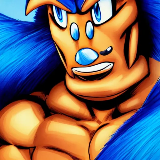 Prompt: gigachad sonic the hedgehog bodybuilder, character portrait, face, cinematic lighting, blue, sonic, art by brian bolland, gaston bussiere, bayard wu, maxim verehin