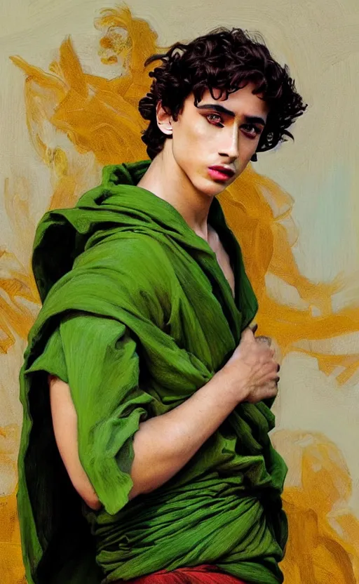 Prompt: Timothee Chalamet as Antinous in ancient Greece, intense painting, sunny, tropical, +++ super supper supper dynamic pose,  digital art, +++ SFW(SAFE FOR WORK) +++ quality j.c. leyendecker, limited edition, shiny, ++++, thick eyebrows, masculine appeal high fashion, GREEN EYES, GREEK CLOTHES, closeup, important, smirking, palm trees, tropical flowers, colorful, surrealism art, modern