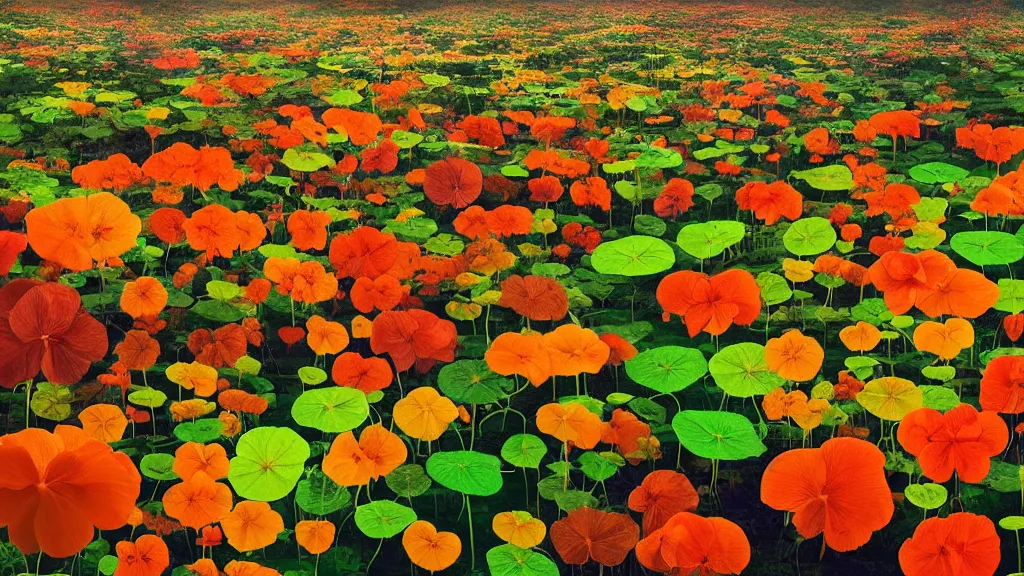 Prompt: digital illustration of a forest of towering multi - colored nasturtium megaflowers by dr. seuss, reimagined by ilm and beeple : 1 | massive scale flora, spectral color, electric color, rolling hills : 0. 9 | fantasy : 0. 9 | unreal engine, deviantart, artstation, hd, 8 k resolution : 0. 8