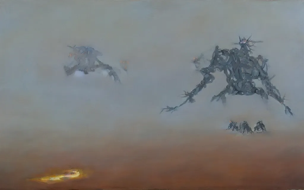 Image similar to giant robot centipede wandering across a foggy landscape, award winning oil painting, iridescent