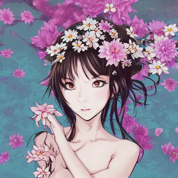 Prompt: landscape， stencil, anime, traditional Japanese, beautiful portrait of a girl surrounded by flowers, half of her body in a lotus pond,by artgerm， by Førtifem, digital art, purple color scheme